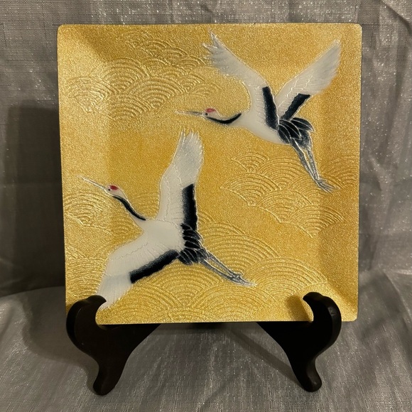 Tutanka Other - Tutanka Enamel Cloisonne Crane Pattern Tray Gold Background With Stand